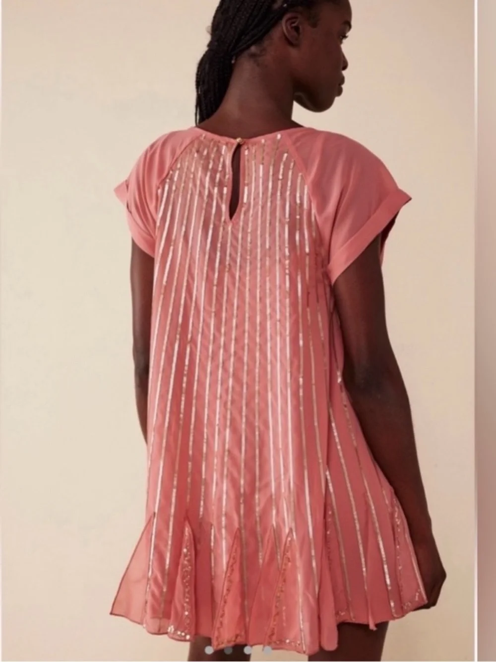 Free People Mint Julep Sequin Coral Flowy Mini Dress Large Chiffon Flapper Boho